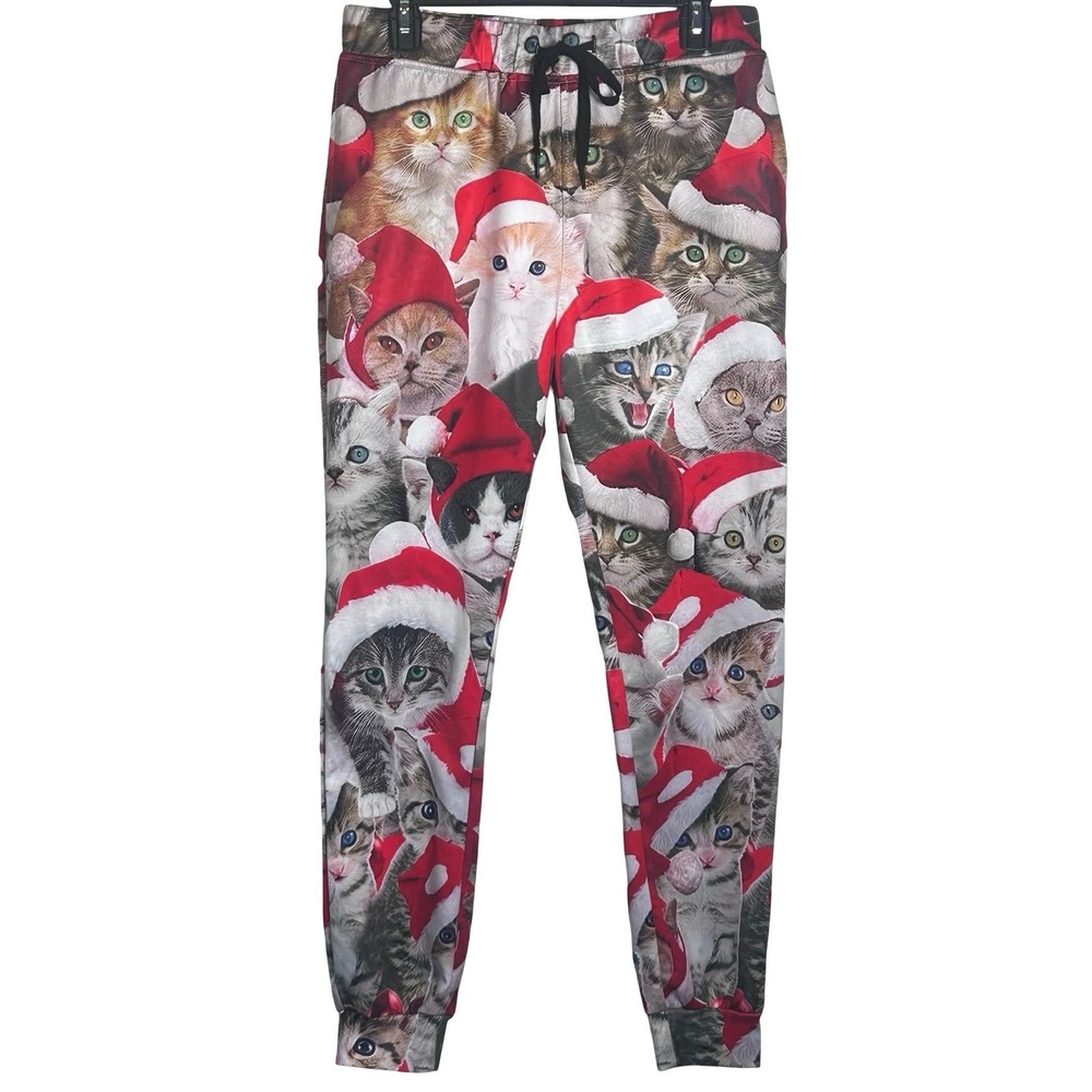 Funny Cat Christmas Santa Hat Joggers Unisex Size Medium Kitten Ugly Sweater